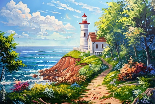 House and lighthouse by the sea in a beautiful picturesque place with flowers and trees