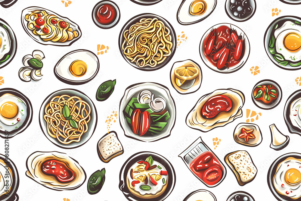 Seamless pattern with Asian food. Noodles, noodles, fried eggs, vegetables, ketchup, sauce. Vector illustration Seamless pattern with Asian food. Noodles, noodles, fried eggs, vegetables, ketchup, sauce. Vector illustration