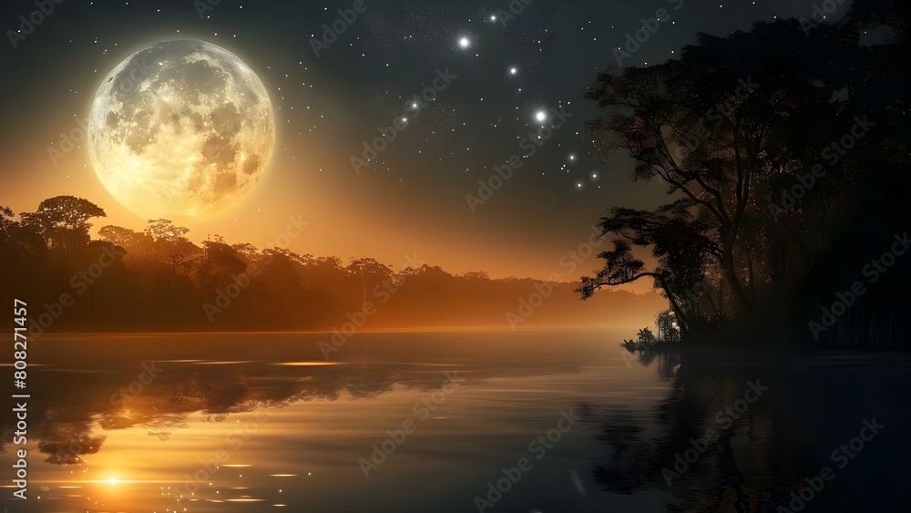 Obraz premium Vibrant tropical forest under moonlight reflected in river psychedelic nature scene. Concept Nature Photography, Tropical Forest, Moonlight Reflection, Psychedelic Scene