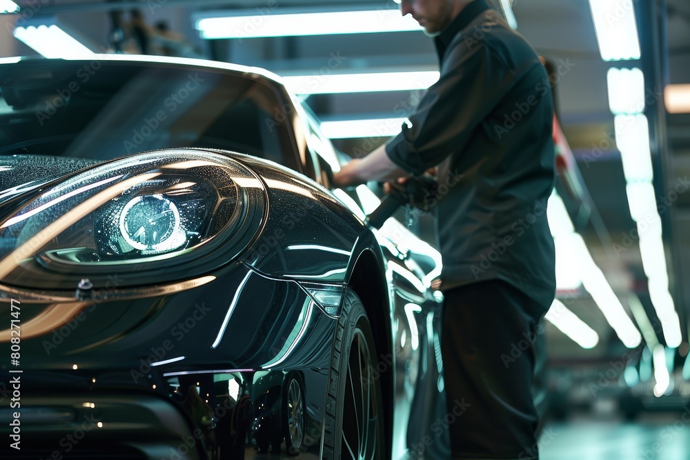 a man employee checking the condition of the car on bokeh style background