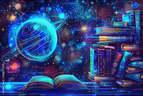Many books, planets, Saturn are drawn against the background of the starry sky. Back to school.