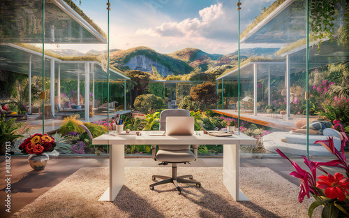 Tranquil home office with nature view
surrounded by large glass windows showcasing a breathtaking natural landscape.