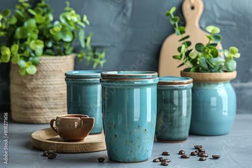 This keenly composed image depicts three ceramic canisters on a kitchen counter, surrounded by homey decor elements photo