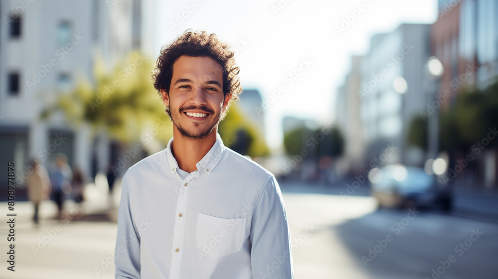 Fototapeta premium Confident happy smiling young Hispanic entrepreneur standing in sunny city and looking at camera