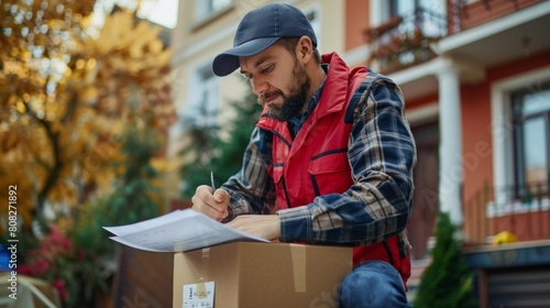 Courier with set of carton box and delivery receipt signing