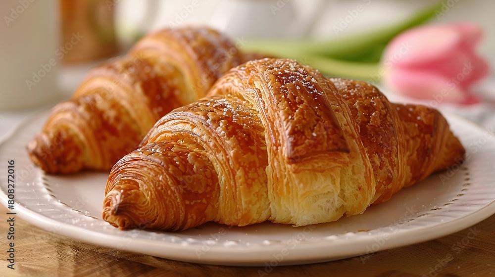 A zoomed-in picture of two croissants on a dish with coffee and floral decorations in the background A zoomed-in picture of two croissants on a dish with coffee and floral decorations in the background