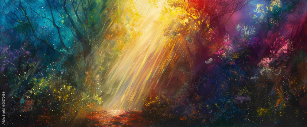Fototapeta premium Radiant beams of light pierce through the darkness, illuminating the scene with a breathtaking array of vibrant colors that pulse and shimmer with life.
