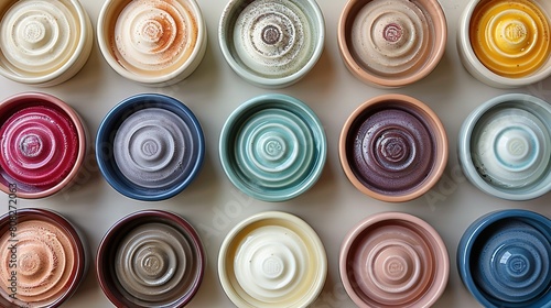   Colorful bowls arranged on white surface with round designs