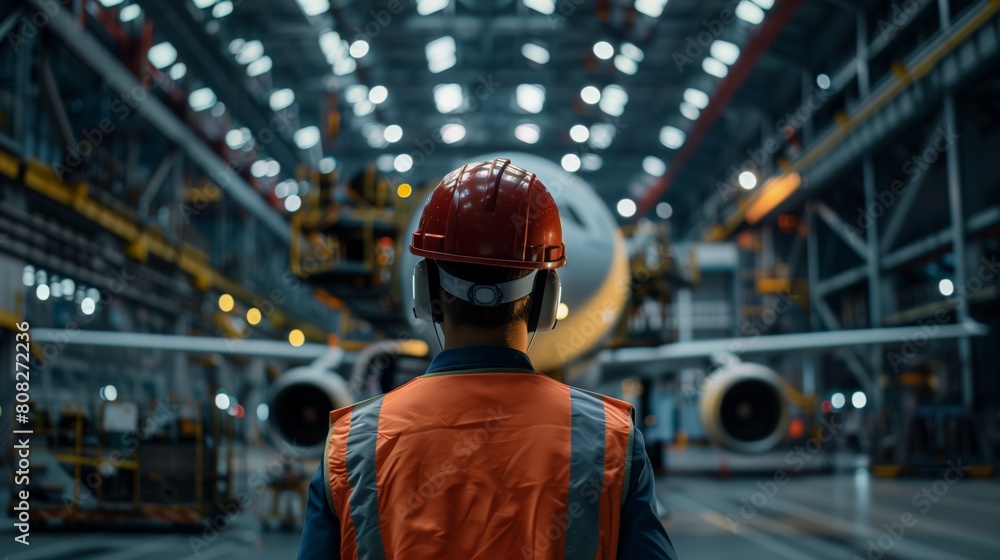 Man overalls paint waistcoat next to large aircraft in hangar stands back. Repair and maintenance of large aircraft Man overalls paint waistcoat next to large aircraft in hangar stands back. Repair and maintenance of large aircraft