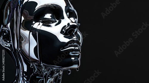 Futuristic woman mannequin made of  liquid holographic metal with dripping melted chrome   Isolated on white background