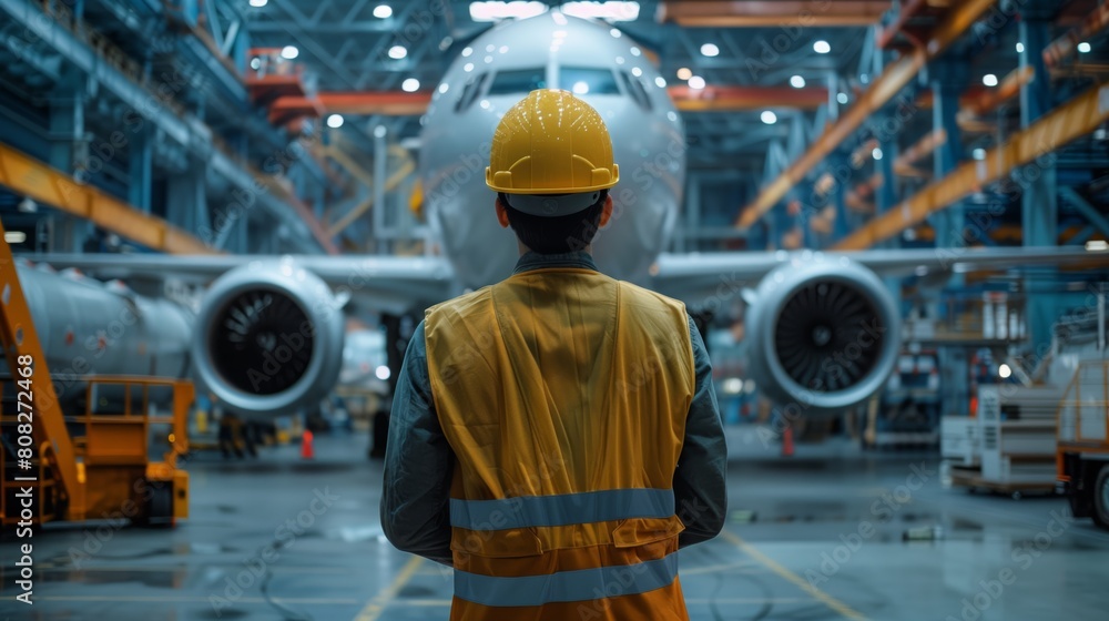 Man overalls paint waistcoat next to large aircraft in hangar stands back. Repair and maintenance of large aircraft Man overalls paint waistcoat next to large aircraft in hangar stands back. Repair and maintenance of large aircraft