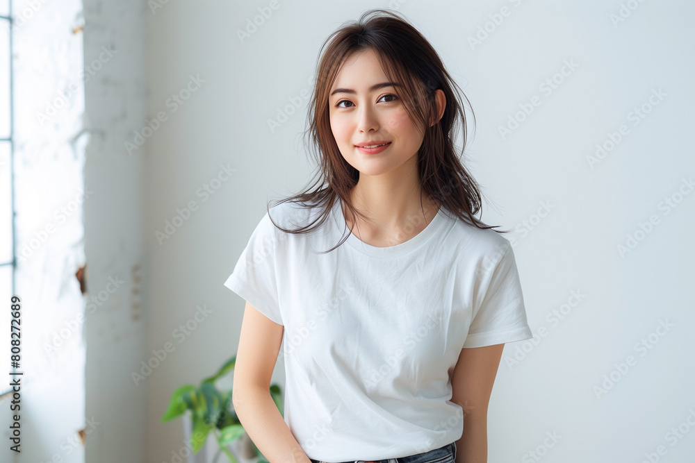 白いTシャツを着た笑顔の女性 白いTシャツを着た笑顔の女性