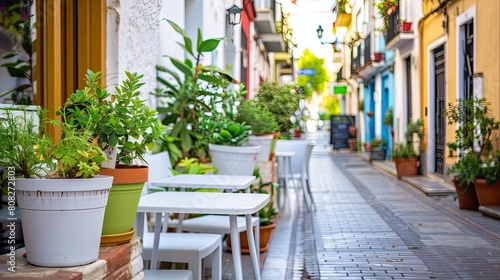a row of white flower pots adorned with lush green plants, complemented by an outdoor table and chairs on a street corner, with a charming blue door in the background, illuminated by the warm rays.