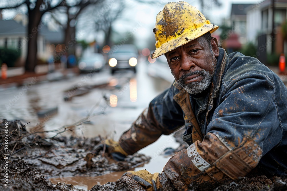 Weary construction worker covered in mud sits amidst an urban excavation site, reflecting industry and effort Weary construction worker covered in mud sits amidst an urban excavation site, reflecting industry and effort