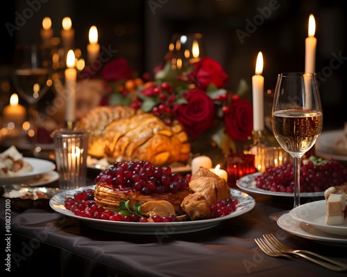 Festive table with a variety of food and wine on the table