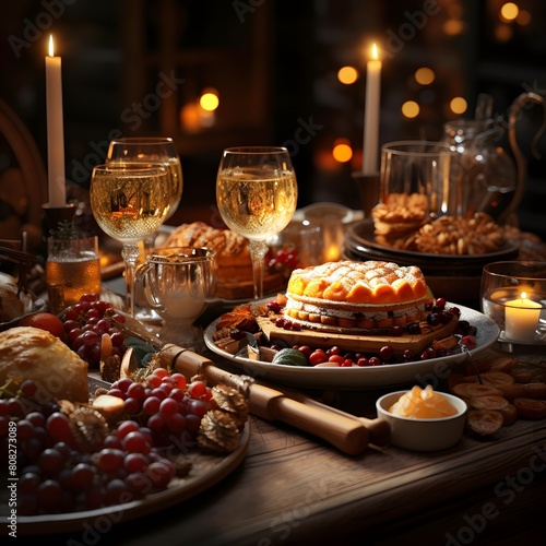 Festive table with different food and wine on blurred background  closeup