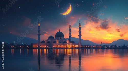 islamic background  celebration of the holy month of ramadan  with mosque  crescent moon and clear sky  ramadan greeting concept