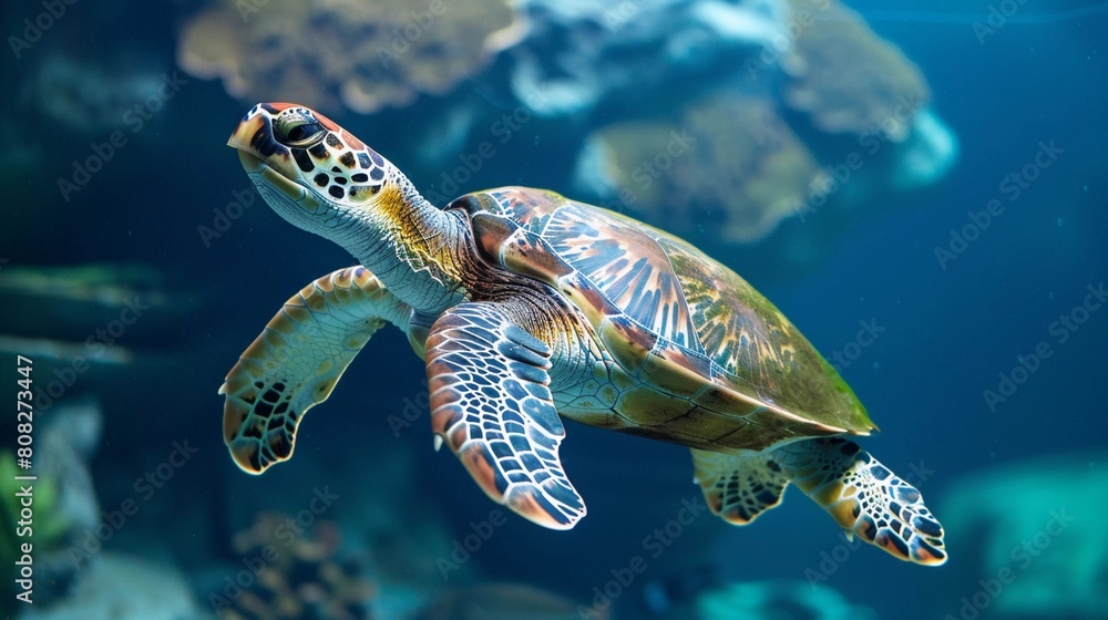 Fototapeta premium Ancient Mariner: A Lone Sea Turtle Glides Gracefully Through the Ocean Depths