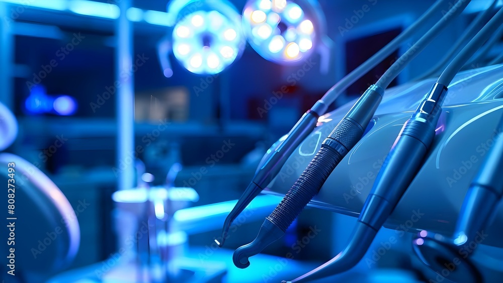 Photo of modern dental clinic with dentist and equipment under blue light. Concept Dental Clinic, Modern Interior, Dentist, Equipment, Blue Lighting Photo of modern dental clinic with dentist and equipment under blue light. Concept Dental Clinic, Modern Interior, Dentist, Equipment, Blue Lighting