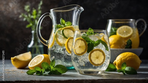 fresh lemonade with mint leaves in a glass jug on dark background