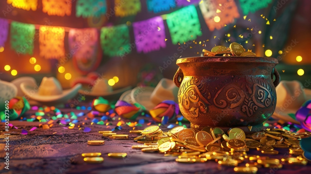 Festive Mexican Treasure, Golden Coins, Bright Papel Picado, Cinco de Mayo Scene
Festive Mexican Treasure, Golden Coins, Bright Papel Picado, Cinco de Mayo Scene