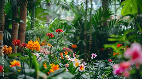 Marvel at the intricate beauty of a lush botanical garden  where exotic flowers bloom in a riot of colors  filling the air with their intoxicating fragrance.