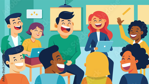 Smiles and laughter fill the room as instructors add comedic elements and group challenges to keep the class entertained and engaged.. Vector illustration