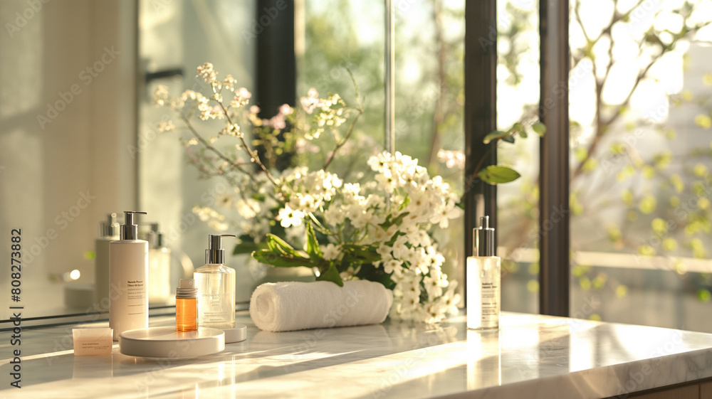 Sophisticated Bathroom Setting: Luxury Marble Table with Bottles, Flowers, and Natural Light Sophisticated Bathroom Setting: Luxury Marble Table with Bottles, Flowers, and Natural Light