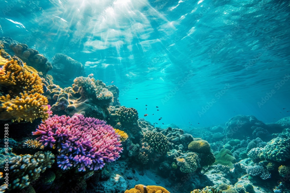 Obraz premium Underwater view, Blue ocean coral reef , Ai generated