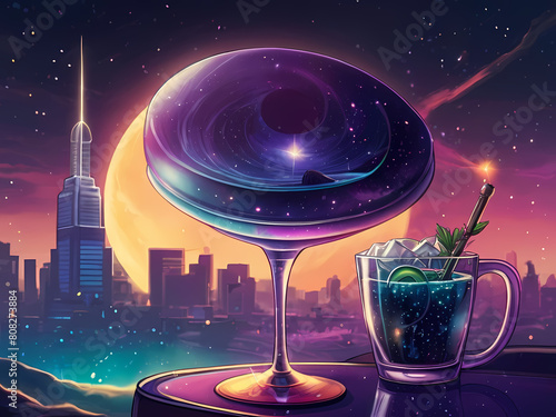 glass, cocktail, martini, drink, space, galaxy, alcohol, party, bar, beverage, liquid, vodka, black, wine, isolated, ice, olive, white, blue, transparent, pink, liquor, splash, cold, celebration, drin photo