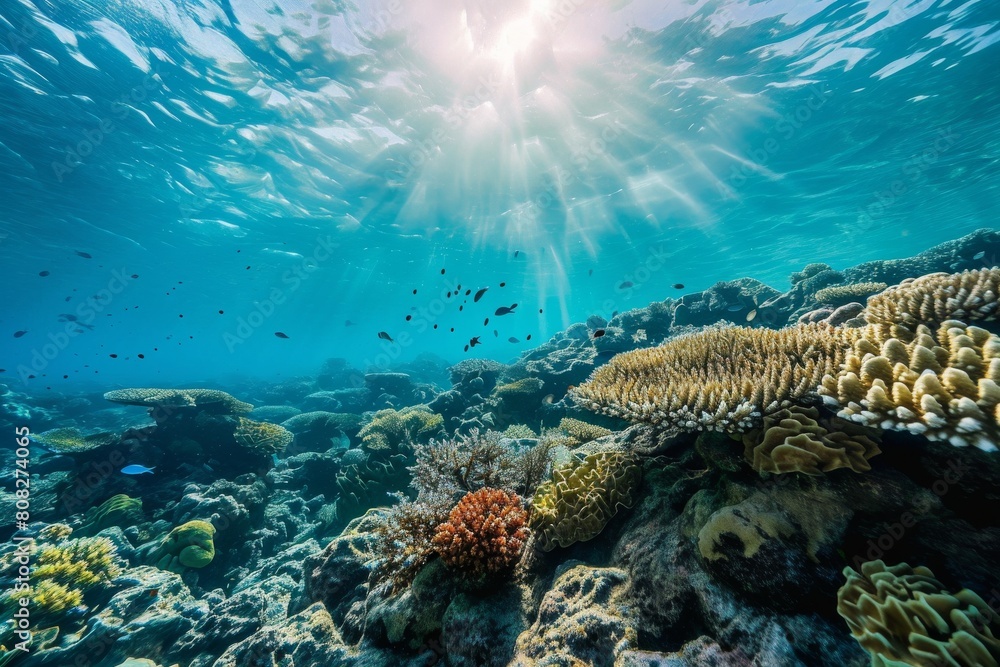 Fototapeta premium Underwater view, Blue ocean coral reef , Ai generated