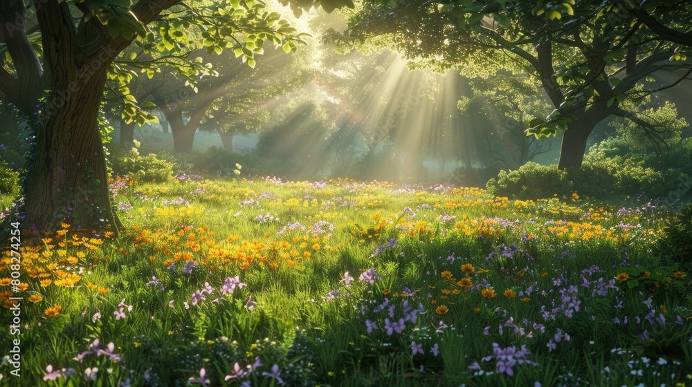 Serene Meadow with Sun Rays: wildflowers, morning light, natural beauty

