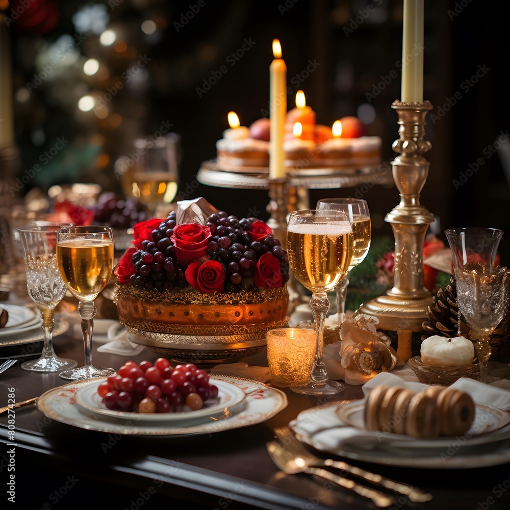 Festive table setting for Christmas and New Year dinner. Festive table decoration with candles, candlesticks, cakes, berries and cookies. Holiday concept