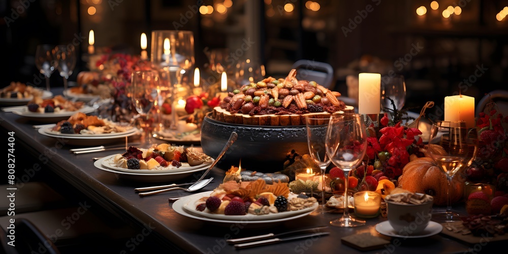 Festive table with a variety of food and drinks in the restaurant.