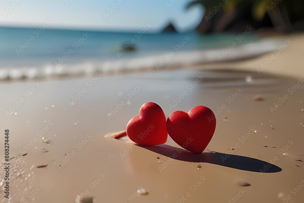 Fototapeta premium Couple Of Hearts On Tropical Beach - Romantic Holiday 