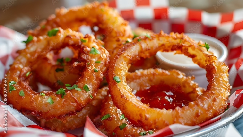 Homemade beerbattered onion rings in basket with dipping sauces selective focus. Concept Food Photography, Homemade Onion Rings, Beer-Battered, Dipping Sauces, Selective Focus Homemade beerbattered onion rings in basket with dipping sauces selective focus. Concept Food Photography, Homemade Onion Rings, Beer-Battered, Dipping Sauces, Selective Focus