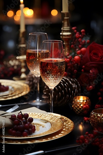 Festive table setting with glasses of champagne and cutlery on dark background