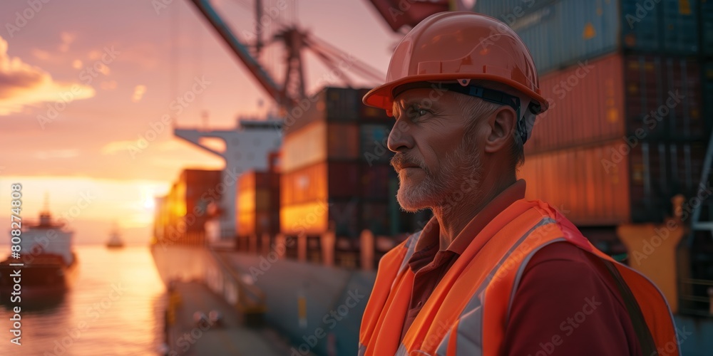 A man in an orange waistcoat and construction helmet stands next to a large vessel loaded with containers against a sunset background. Maritime transport of goods A man in an orange waistcoat and construction helmet stands next to a large vessel loaded with containers against a sunset background. Maritime transport of goods
