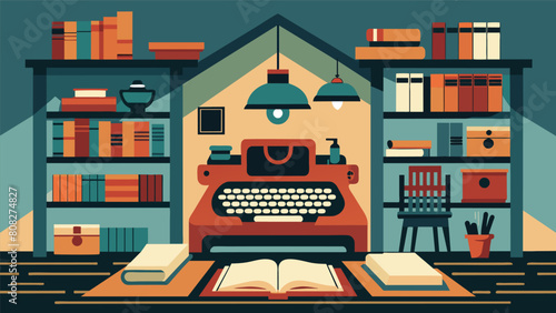 A quaint writing retreat surrounded by shelves of antique typewriters inspiring creativity and nostalgia.. Vector illustration