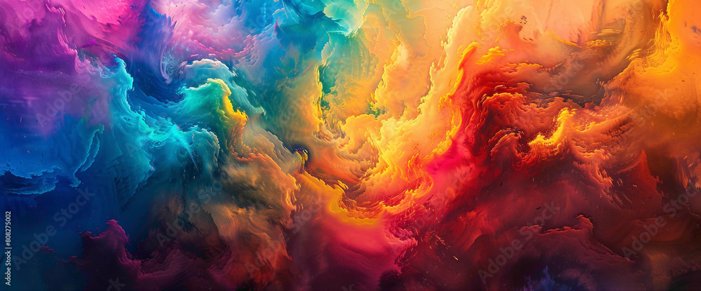 Splashes of vivid pigments collide and meld together, forming a mesmerizing symphony of colors that ignites the scene with an intense burst of vibrancy.