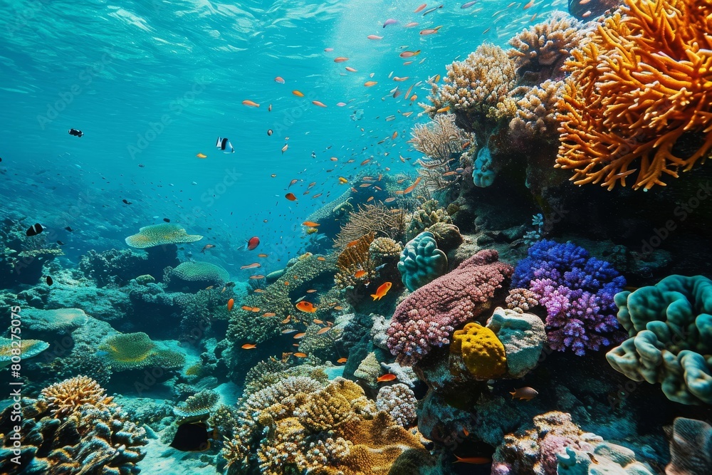 Obraz premium Underwater view, Blue ocean coral reef , Ai generated