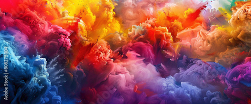 Splashes of vivid pigments collide and meld together, forming a mesmerizing symphony of colors that ignites the scene with an intense burst of vibrancy.