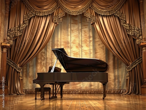 A grand piano takes center stage on a concert platform, framed by a rich brown curtain backdrop. This classic and elegant setting sets the scene for a captivating musical performance