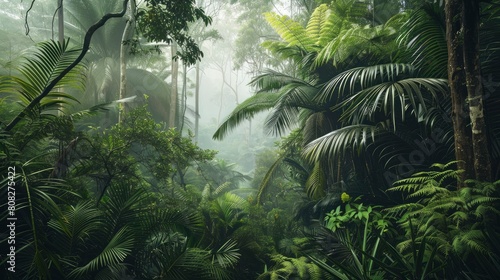 a misty dense green forest with tall tress and lush fern