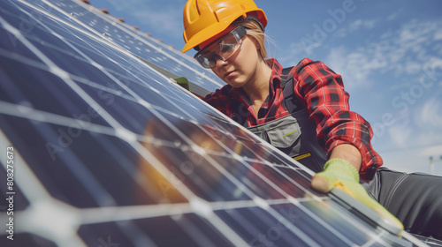 Technician with helmet mounting photovoltaic solar panels on the roof of a block of a residential block of apartments. Install solar panels on roof of a house. Renewable and eco energy concept. Image 