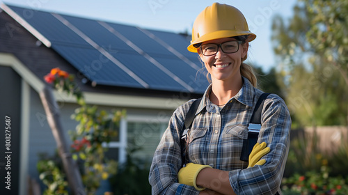 Technician with helmet mounting photovoltaic solar panels on the roof of a block of a residential block of apartments. Install solar panels on roof of a house. Renewable and eco energy concept. Image 