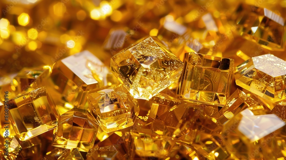 A mound of golden diamond cubes perched atop another stack of interlocking gold cubes A mound of golden diamond cubes perched atop another stack of interlocking gold cubes