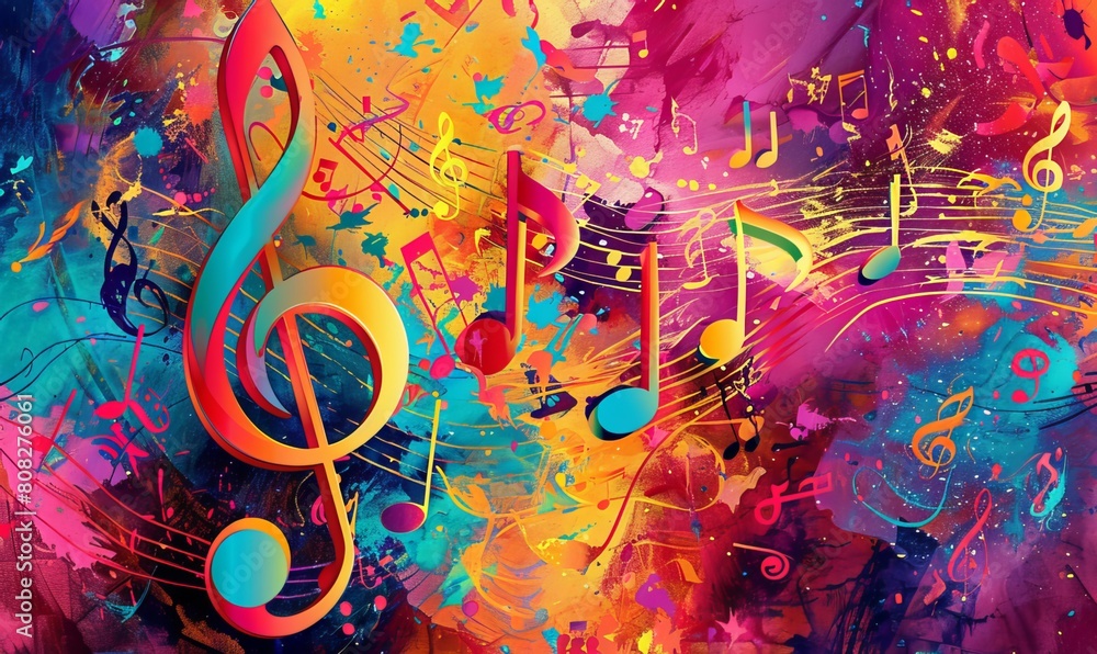 Fototapeta premium A vibrant and captivating music promotional poster features a prominent G-clef and an array of colorful music notes, set against an artistic abstract background with a music staff.