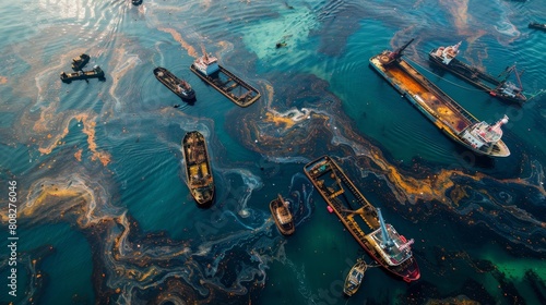 Devastating oil spill killing marine life and darkening skies with black sludge on beaches photo