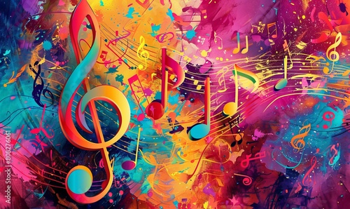 A vibrant and captivating music promotional poster features a prominent G-clef and an array of colorful music notes, set against an artistic abstract background with a music staff. photo
